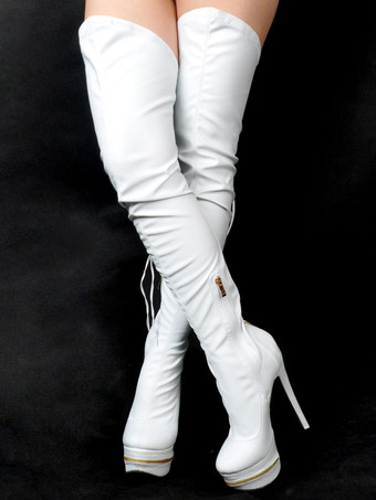 ホワイト サイハイブーツ ハイヒール レディース ブラック レザー バックジッパー セクシー ブーツ オーバーニー パーティーシューズ