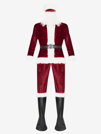 男性のクリスマスコスチュームフルセットブルゴーニュポリエステルファイバーハットサッシュグローブポリエステルカラーブロッククリスマスホリデーコスチューム