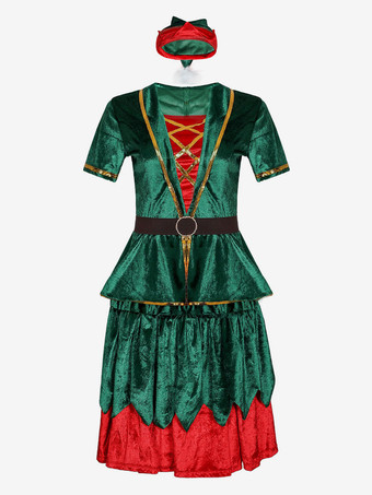 女性のクリスマスコスチュームグリーンポリエステルファイバードレス帽子カラーブロックホリデーコスチュームフルセット