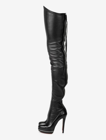 腿の高いブーツ ハイヒールの女性の黒革バック ジッパー セクシーなブーツ膝上パーティー シューズ