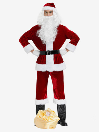 男性のクリスマスコスチュームフルセットブルゴーニュポリエステルファイバーハットサッシュグローブポリエステルカラーブロッククリスマスホリデーコスチューム