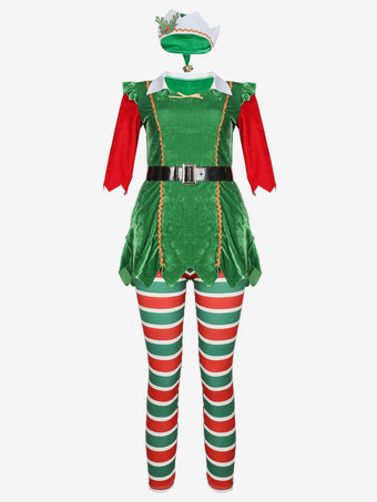 女性のクリスマスチュニックドレスグリーンポリエステルファイバードレス帽子パンストポリエステルカラーブロッククリスマスホリデーコスチューム