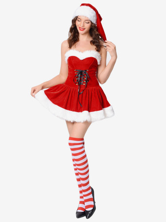 女性のためのクリスマスコスチューム赤いポリエステルファイバードレス帽子ポリエステルカラーブロックホリデーコスチュームフルセット