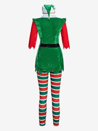 女性のクリスマスチュニックドレスグリーンポリエステルファイバードレス帽子パンストポリエステルカラーブロッククリスマスホリデーコスチューム