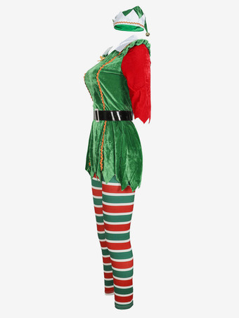 女性のクリスマスチュニックドレスグリーンポリエステルファイバードレス帽子パンストポリエステルカラーブロッククリスマスホリデーコスチューム