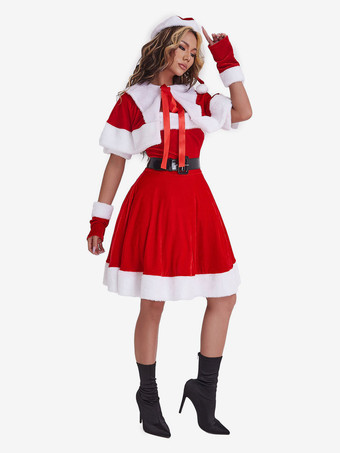 女性のクリスマスチュニックドレス赤いポリエステルファイバーグローブサッシドレスポリエステルカラーブロッククリスマスホリデーコスチューム