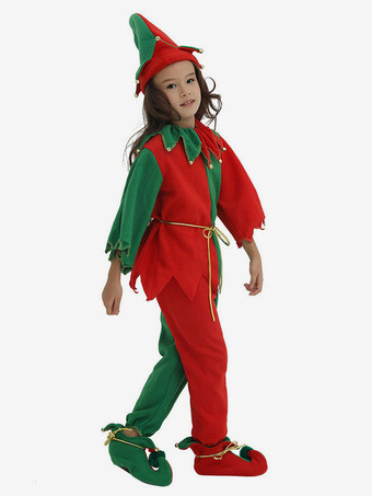 サンタコスプレ レッド クリスマス クリスマスエルフ コスチューム ポリエステル キッズ用 コスチューム シューズカバー トップス パンツ 帽子 バイカラー ホリデーコスチューム
