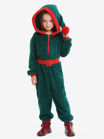 クリスマスグリーンポリエステルファイバークリスマスホリデーコスチュームのキッズジャンプスーツ