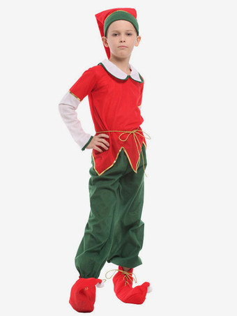 サンタコスプレ レッド クリスマス 男の子用 コスチューム クリスマスエルフ ポリエステル コスチューム キッズ用 シューズカバー トップス パンツ サッシュベルト 帽子 カラーブロック ホリデーコスチューム
