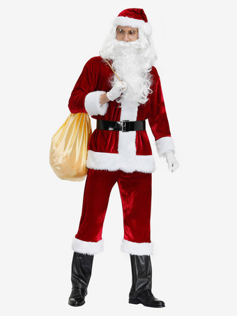 男性のクリスマスコスチュームフルセットブルゴーニュポリエステルファイバーハットサッシュグローブポリエステルカラーブロッククリスマスホリデーコスチューム