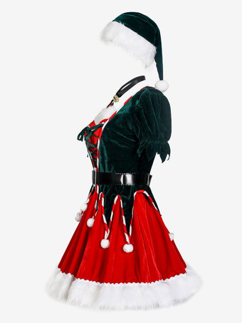 クリスマスレッドグリーンポリエステルファイバーショートドレスホリデーコスチュームフルセット