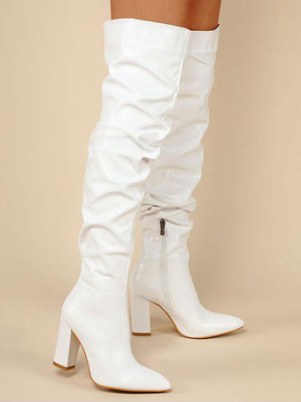 膝の上の女性はスティレットヒールを尖ったつま先のPUレザーホワイト太もしいハイブーツ