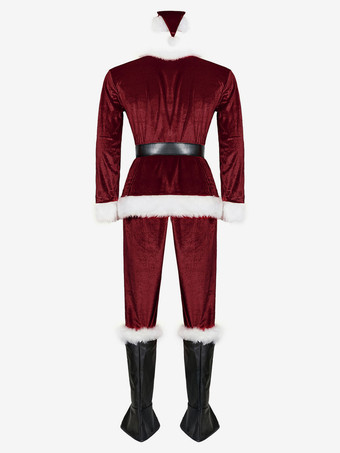 男性のクリスマスコスチュームフルセットブルゴーニュポリエステルファイバーハットサッシュグローブポリエステルカラーブロッククリスマスホリデーコスチューム