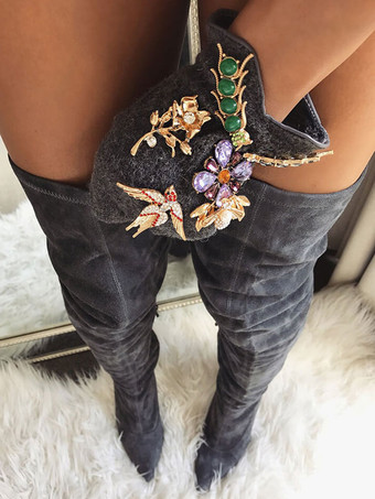 ニーハイブーツ ピンヒール ダークグレー ロングブーツ シューズ レディースブーツ マイクロスエード ポインテッドトゥ ファッション 無地 12cm カジュアル レディース靴