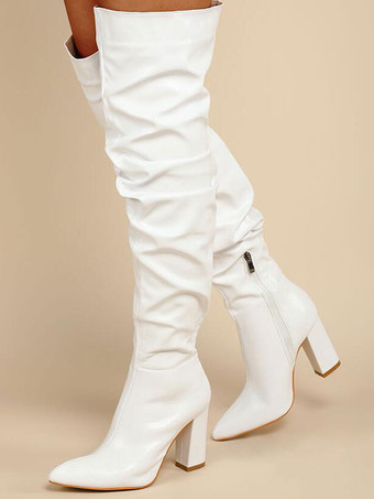 膝の上の女性はスティレットヒールを尖ったつま先のPUレザーホワイト太もしいハイブーツ