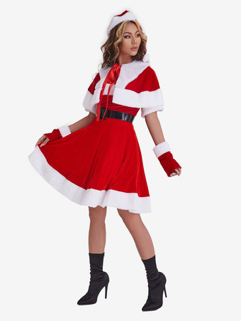 女性のクリスマスチュニックドレス赤いポリエステルファイバーグローブサッシドレスポリエステルカラーブロッククリスマスホリデーコスチューム