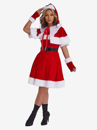 女性のクリスマスチュニックドレス赤いポリエステルファイバーグローブサッシドレスポリエステルカラーブロッククリスマスホリデーコスチューム