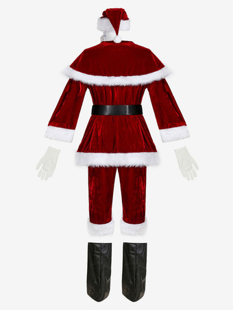 男性のクリスマスコスチュームフルセットブルゴーニュポリエステルファイバーハットサッシュグローブポリエステルカラーブロッククリスマスホリデーコスチューム