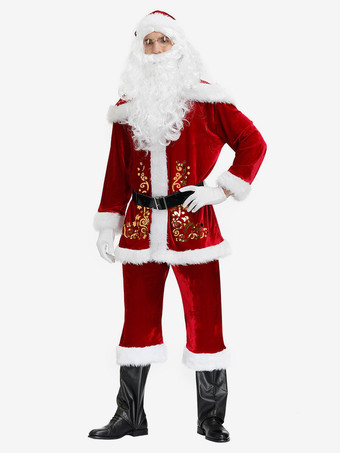 男性のクリスマスコスチュームフルセットブルゴーニュポリエステルファイバーハットサッシュグローブポリエステルカラーブロッククリスマスホリデーコスチューム