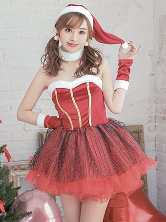 女性用 クリスマス セット 赤い帽子 ドレス 手袋 ポリエステル クリスマス ホリデー コスチューム