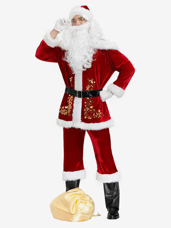 男性のクリスマスコスチュームフルセットブルゴーニュポリエステルファイバーハットサッシュグローブポリエステルカラーブロッククリスマスホリデーコスチューム