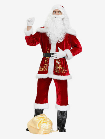 男性のクリスマスコスチュームフルセットブルゴーニュポリエステルファイバーハットサッシュグローブポリエステルカラーブロッククリスマスホリデーコスチューム