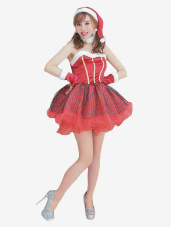 レッド 女性用 クリスマス セット 赤い帽子 ドレス 手袋 ポリエステル クリスマス ホリデー コスチューム