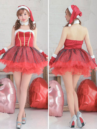 女性用 クリスマス セット 赤い帽子 ドレス 手袋 ポリエステル クリスマス ホリデー コスチューム
