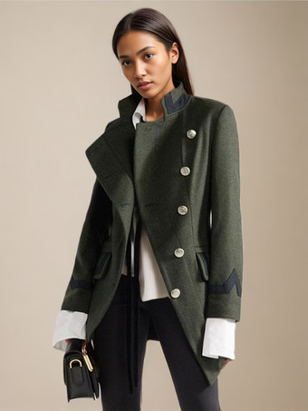 Военная шерстяное пальто для женщин Асимметричные кнопки Карманы Hunter Green с длинным рукавом зимнее пальто