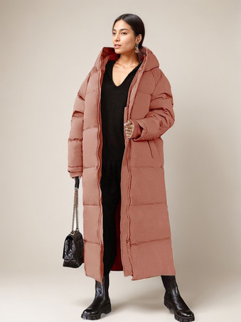 ピンクロング パファー コート オレンジ フード付き 冬用 フルレングス コート レディース