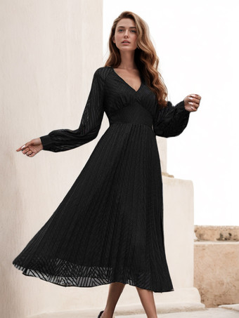 Vネックドレス長袖プリーツジッパーフレアミディドレス