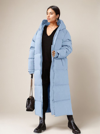 ライトスカイブルーロング パファー コート オレンジ フード付き 冬用 フルレングス コート レディース