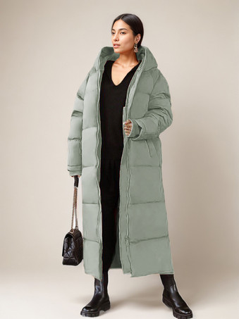 セージグリーンロング パファー コート オレンジ フード付き 冬用 フルレングス コート レディース