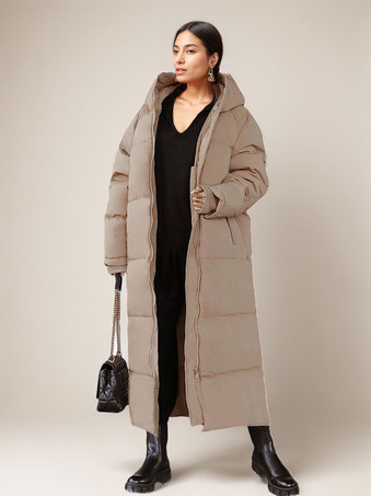 ライト アプリコットロング パファー コート オレンジ フード付き 冬用 フルレングス コート レディース