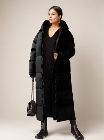 ブラック ロング パファー コート オレンジ フード付き 冬用 フルレングス コート レディース