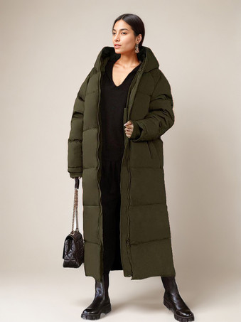 ハンターグリーン ロング パファー コート オレンジ フード付き 冬用 フルレングス コート レディース