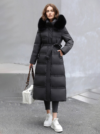 ブラック 女性用フグコートスタンドカラーフェイクファーロングウィンターアウターウェア