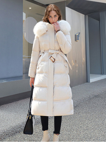 Puffer Coats For Women Stand Collar Faux Fur Long Winter Outerwear