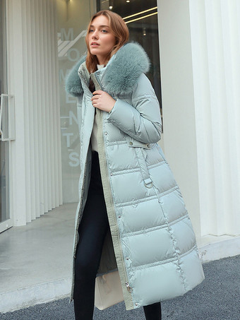 グリーン 女性用フグコートスタンドカラーフェイクファーロングウィンターアウターウェア