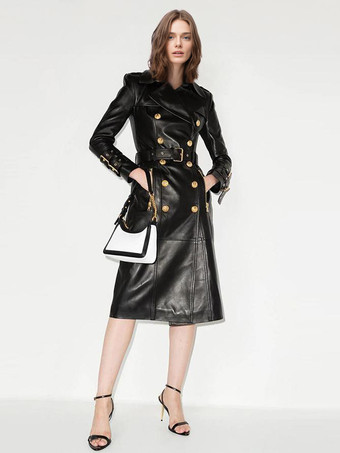 Trench Coat Notched Lapel Double Breast Belted PU Leather Outerwear
