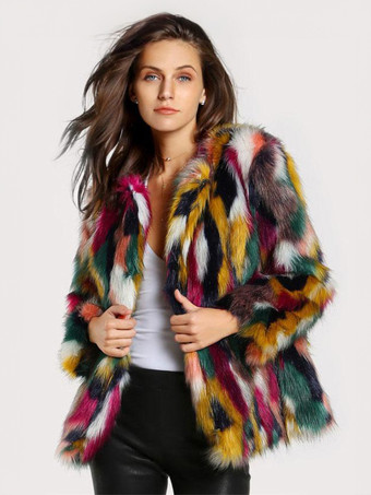 Plush Faux Fur Coat Color Block Winter Outerwear For Women