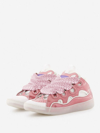 ピンクユニセックス ブラック ハンドメイド カーブ スニーカー ラウンドトゥ レースアップ シューズ