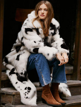 フェイクファーコート ターンダウンカラー オーバーサイズ シック アニマルプリント エコフレンドリー ファーコート