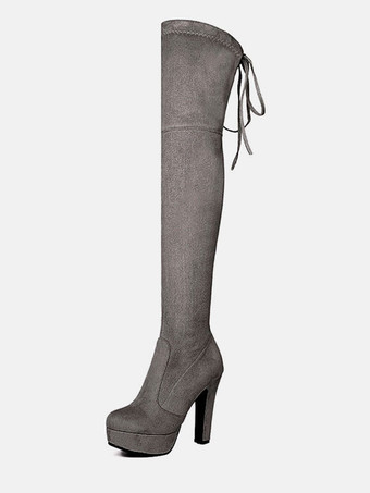 グレイプラットフォーム サイハイブーツ レディース マイクロスエード アーモンドトゥ チャンキーヒール オーバーザニーブーツ