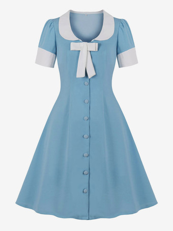 Vintage Dress 1950s Audrey Hepburn Style Lace Up Short Sleeves Woman's Knee Length Color Block Rockabilly Dress