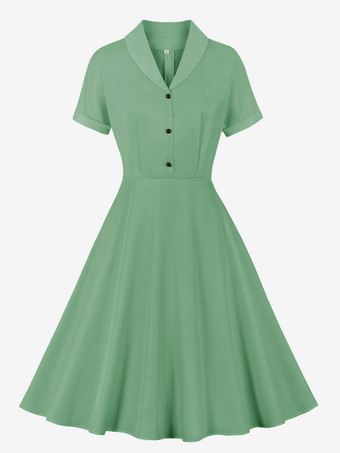 Retro Dress 1950s Audrey Hepburn Style V-Neck Short Sleeves Woman Knee Length Rockabilly Dress