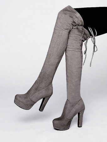 プラットフォーム サイハイブーツ レディース マイクロスエード アーモンドトゥ チャンキーヒール オーバーザニーブーツ