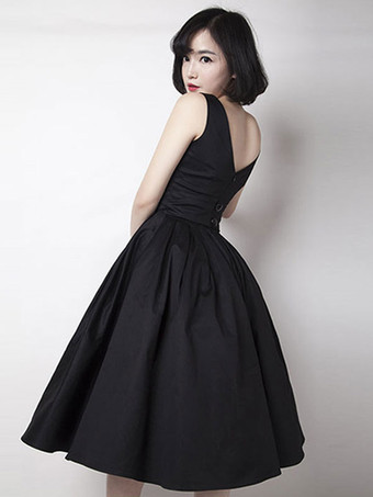 ヴィンテージ グラマー ドレス ブラック 1950 年代 オードリー ヘップバーン スタイル プリーツ ノースリーブ スクエア ネック ミディアム ロカビリー ドレス