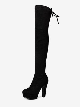 Botas de cano alto plataforma femininas micro camurça dedo do pé amêndoa salto grosso sobre o joelho botas