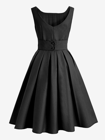 ヴィンテージ グラマー ドレス ブラック 1950 年代 オードリー ヘップバーン スタイル プリーツ ノースリーブ スクエア ネック ミディアム ロカビリー ドレス